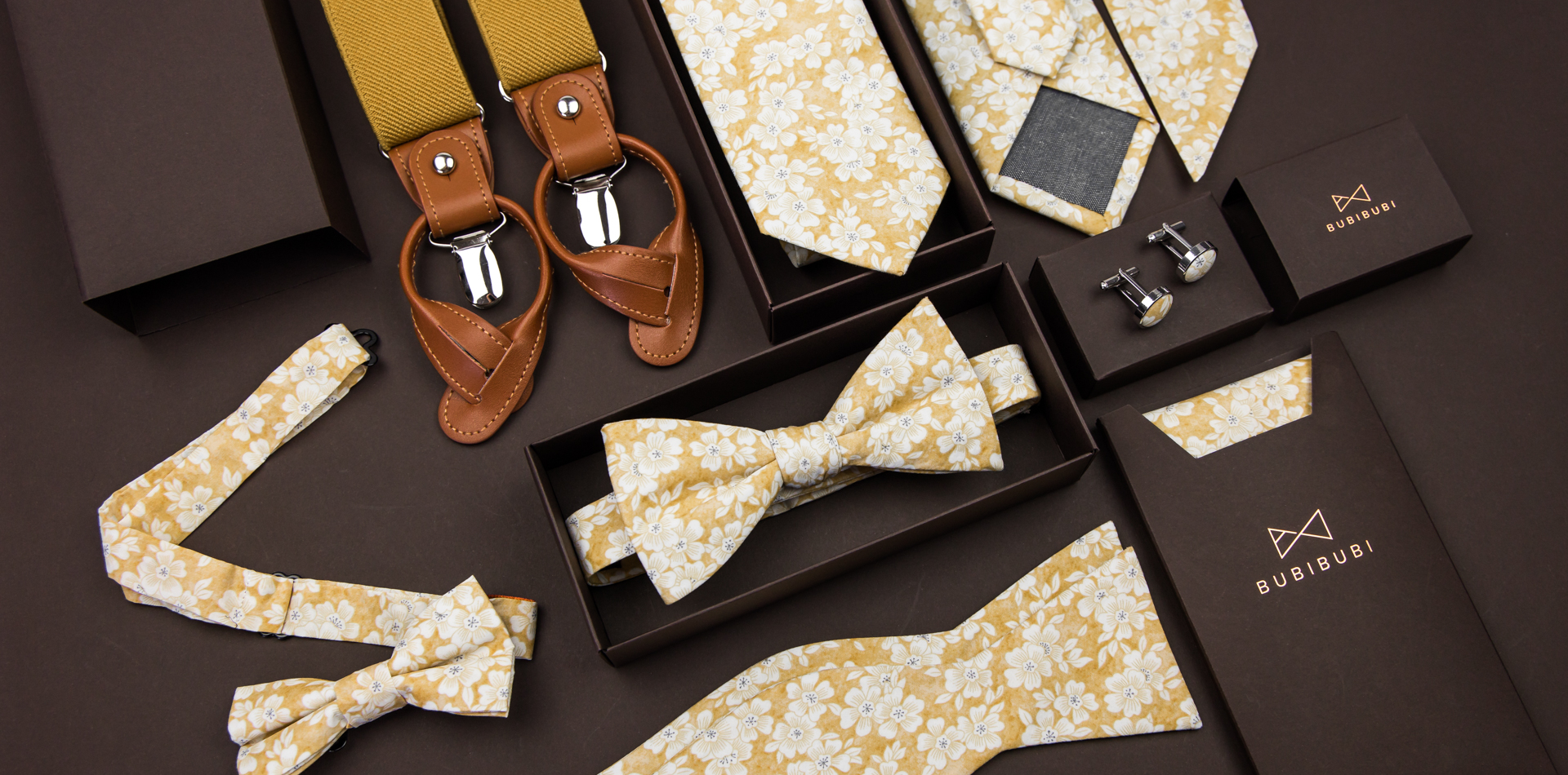 Horčicové a žlté svadobné kravaty, traky, motýliky a ponožky